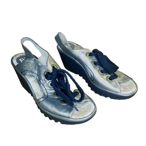 Fly London Ylva Wedge Women's Size 38 Metallic Lace Up Open Toe Platform - Picture 2 of 6